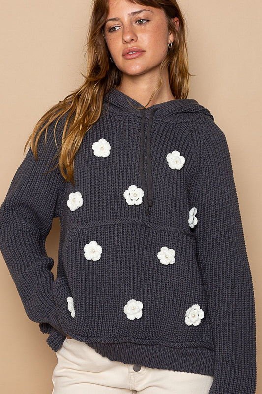 POL Long Sleeve Handmade Flower Patch Hoodie Top