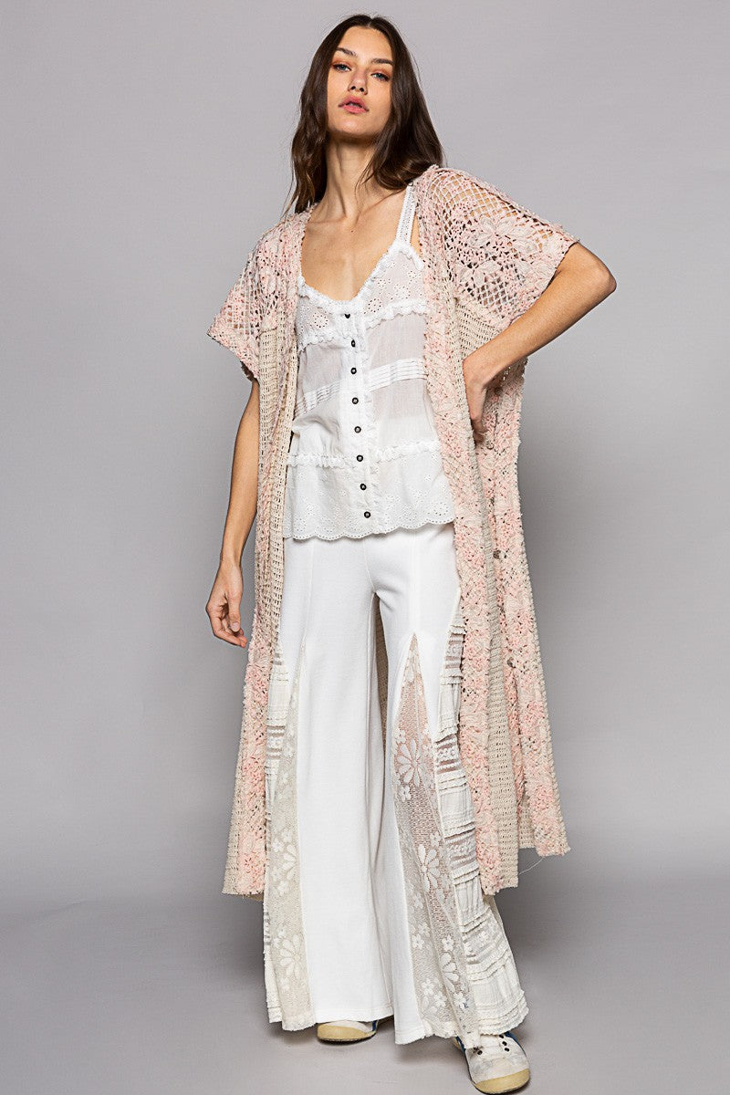 POL Sleeveless Crochet Floral Pattern Long Open Kimono Top