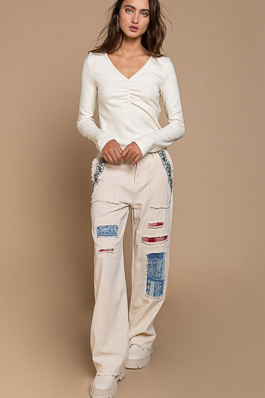 POL Oatmilk Straight Fit Embroidered Patch Detail Back Pocket Twill Pants - Roulhac Fashion Boutique