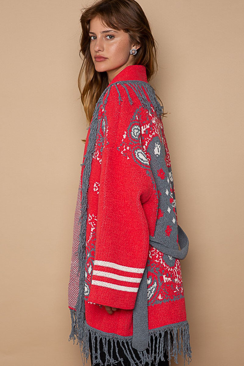 POL Fringe Paisley Shawl Collar Wrapped Cardigan Top