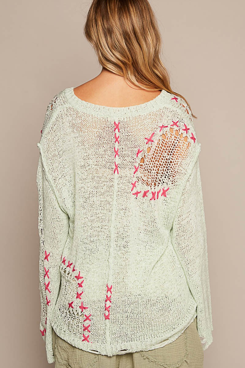 POL Long Sleeve Stitch Distressed V Neck Sweater Top