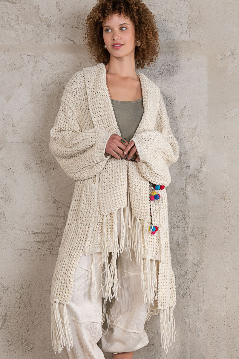 POL Open Front Shawl Balloon Sleeve Fringe Cardigan Top