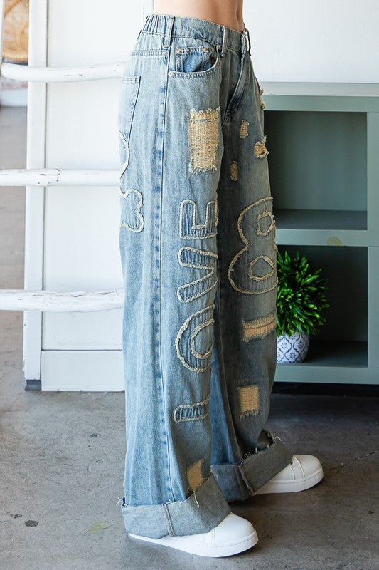 Oli & Hali Denim Mineral Washed Love Patch Cotton Jeans - Roulhac Fashion Boutique