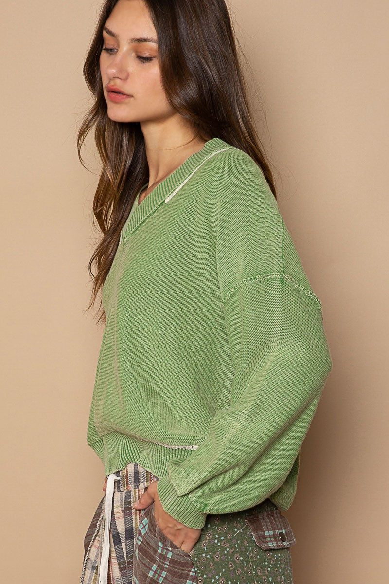 POL Vintage Wash V Neck Classic Solid Pullover Sweater Top