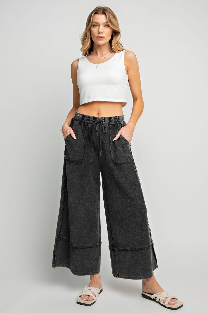 Easel Plus Wide Legs Washed Terry Knit Palazzo Pants