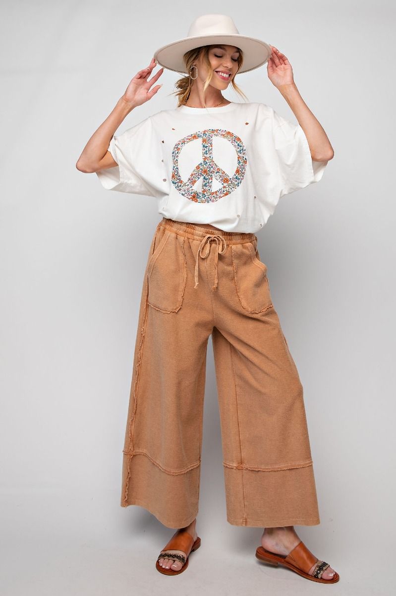 Easel Plus Wide Legs Washed Terry Knit Palazzo Pants