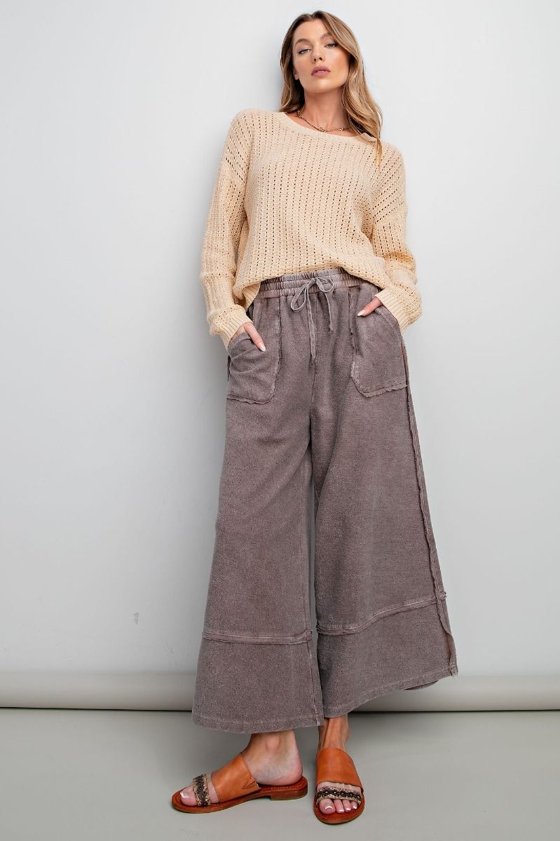 Easel Plus Wide Legs Washed Terry Knit Palazzo Pants