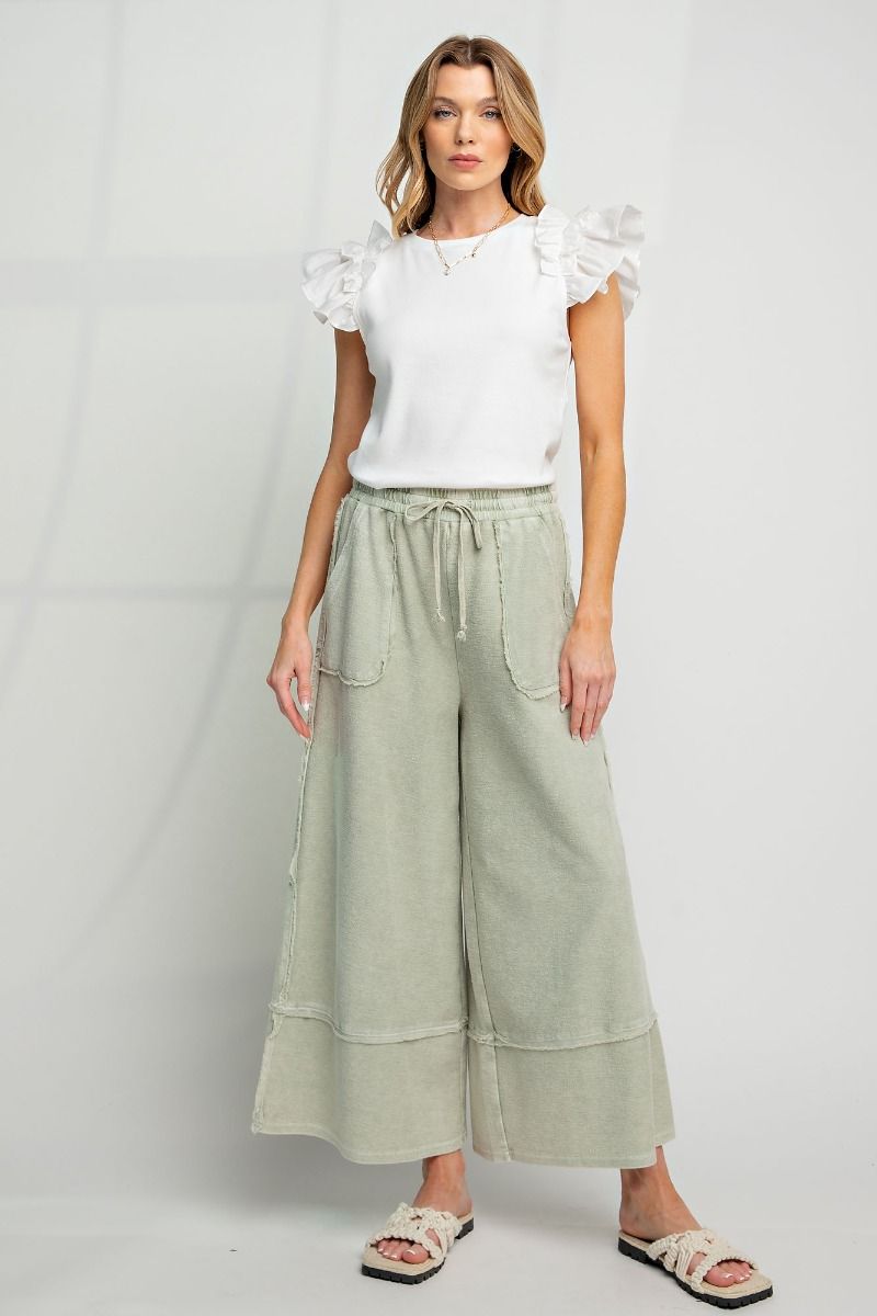 Easel Plus Wide Legs Washed Terry Knit Palazzo Pants