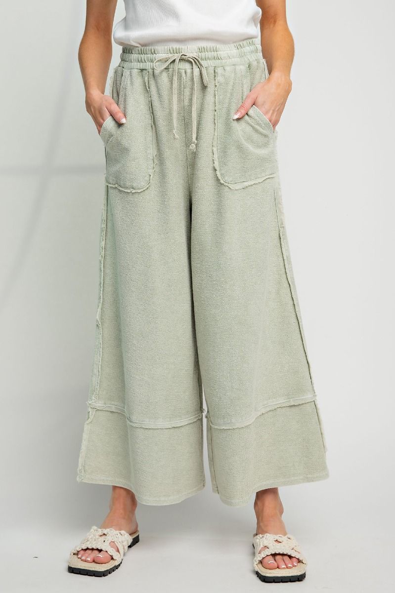 Easel Plus Wide Legs Washed Terry Knit Palazzo Pants