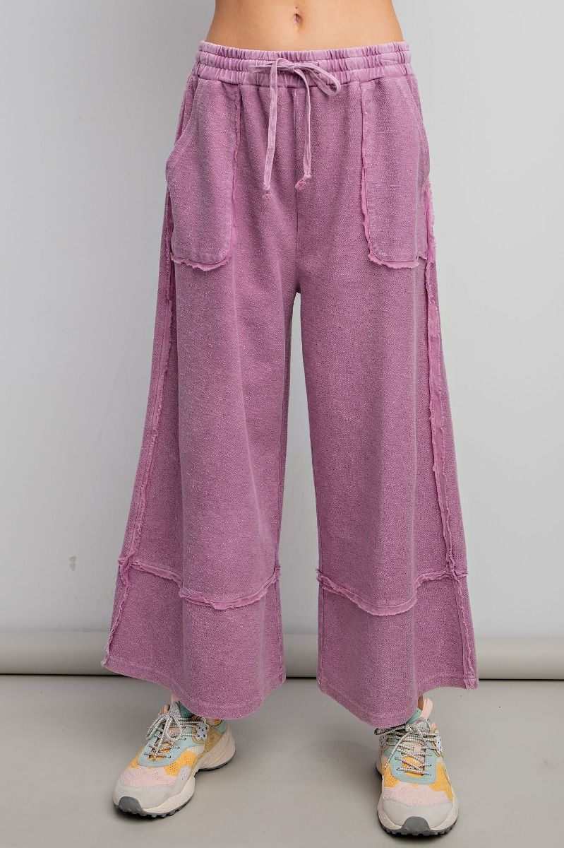 Easel Plus Wide Legs Washed Terry Knit Palazzo Pants