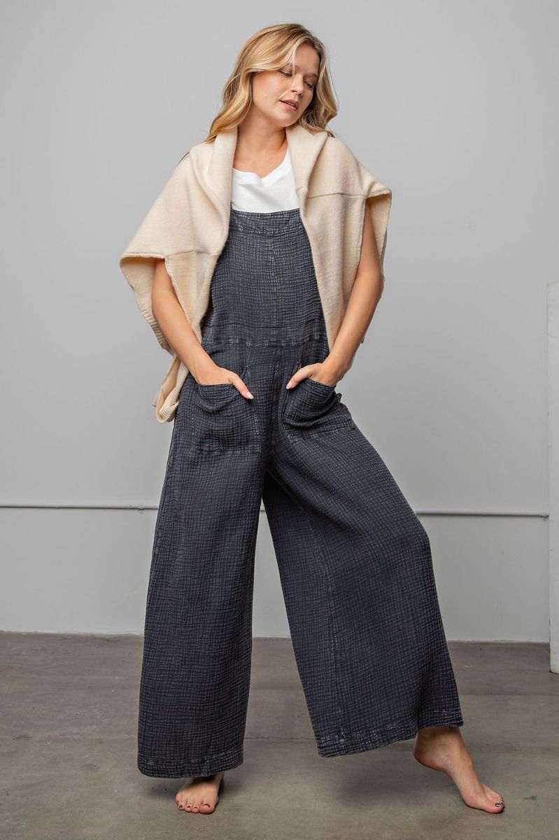 Easel Plus Washed Cotton Slouchy Wide Legs Jumpsuit Pants