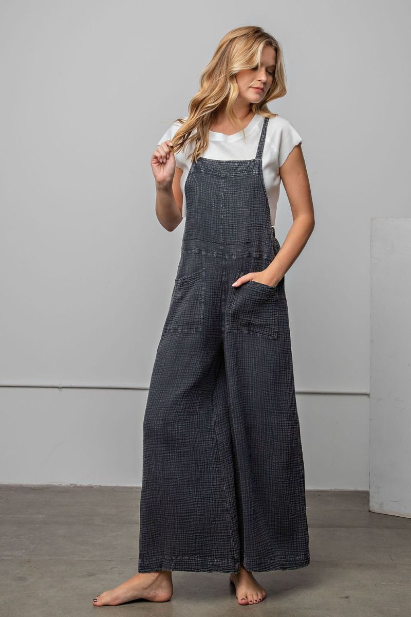 Easel Plus Washed Cotton Slouchy Wide Legs Jumpsuit Pants