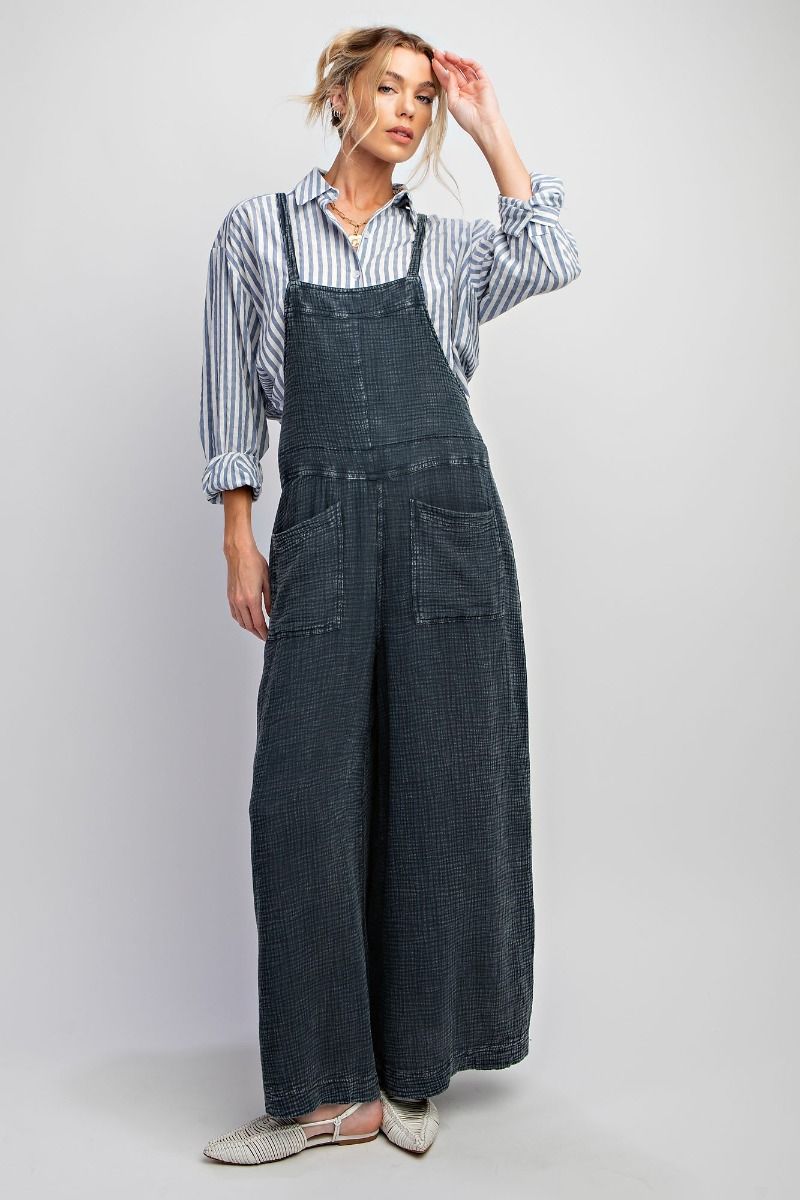 Easel Plus Washed Cotton Slouchy Wide Legs Jumpsuit Pants