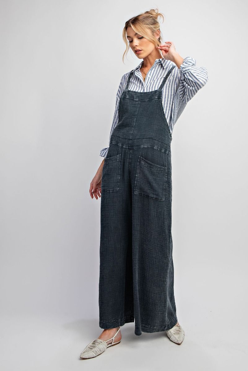 Easel Plus Washed Cotton Slouchy Wide Legs Jumpsuit Pants