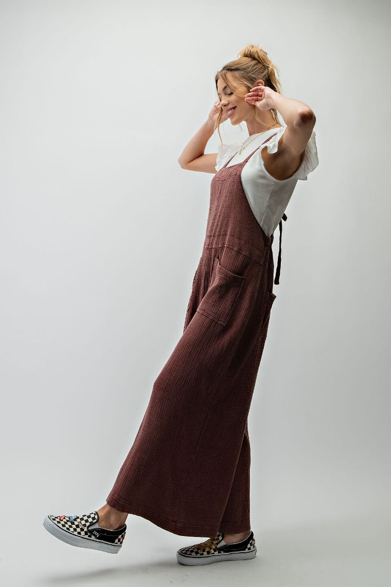 Easel Plus Washed Cotton Slouchy Wide Legs Jumpsuit Pants