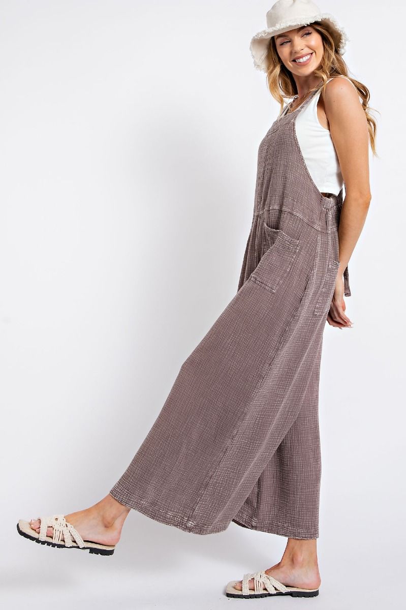 Easel Plus Washed Cotton Slouchy Wide Legs Jumpsuit Pants