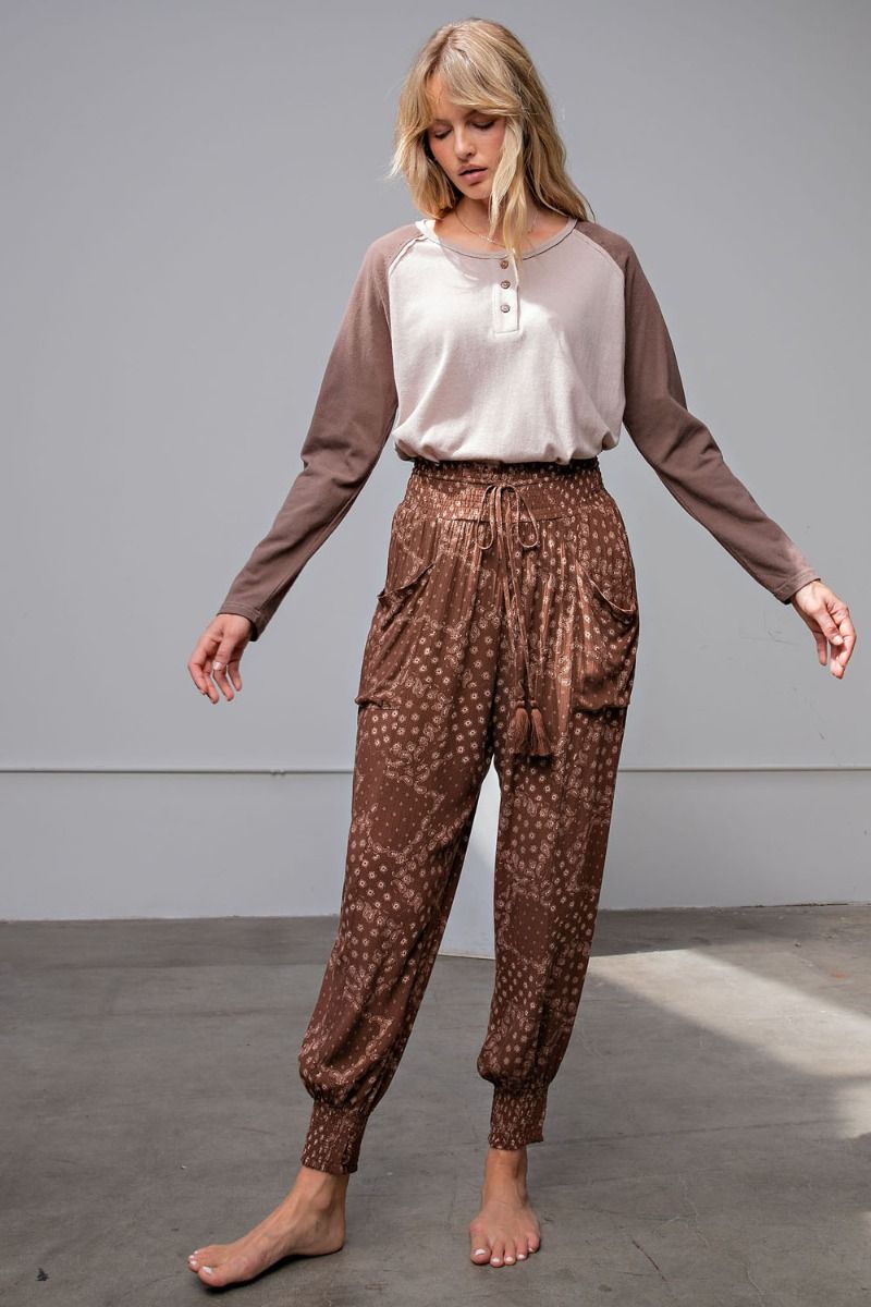 Easel Plus Paisley Printed Smocked Waistband Pants