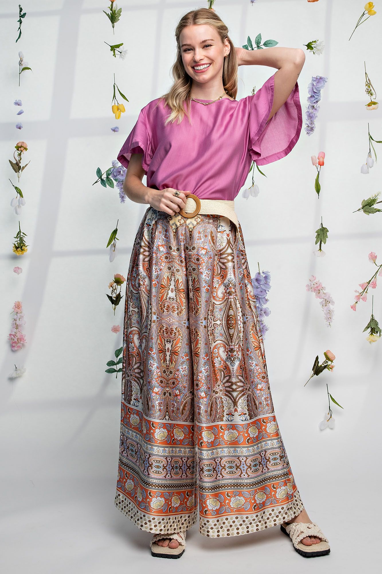 Easel Plus Satin Printed Wide Leg Pleated Pants