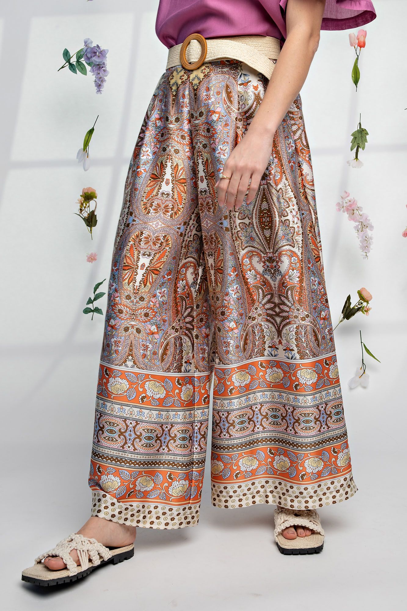 Easel Plus Satin Printed Wide Leg Pleated Pants