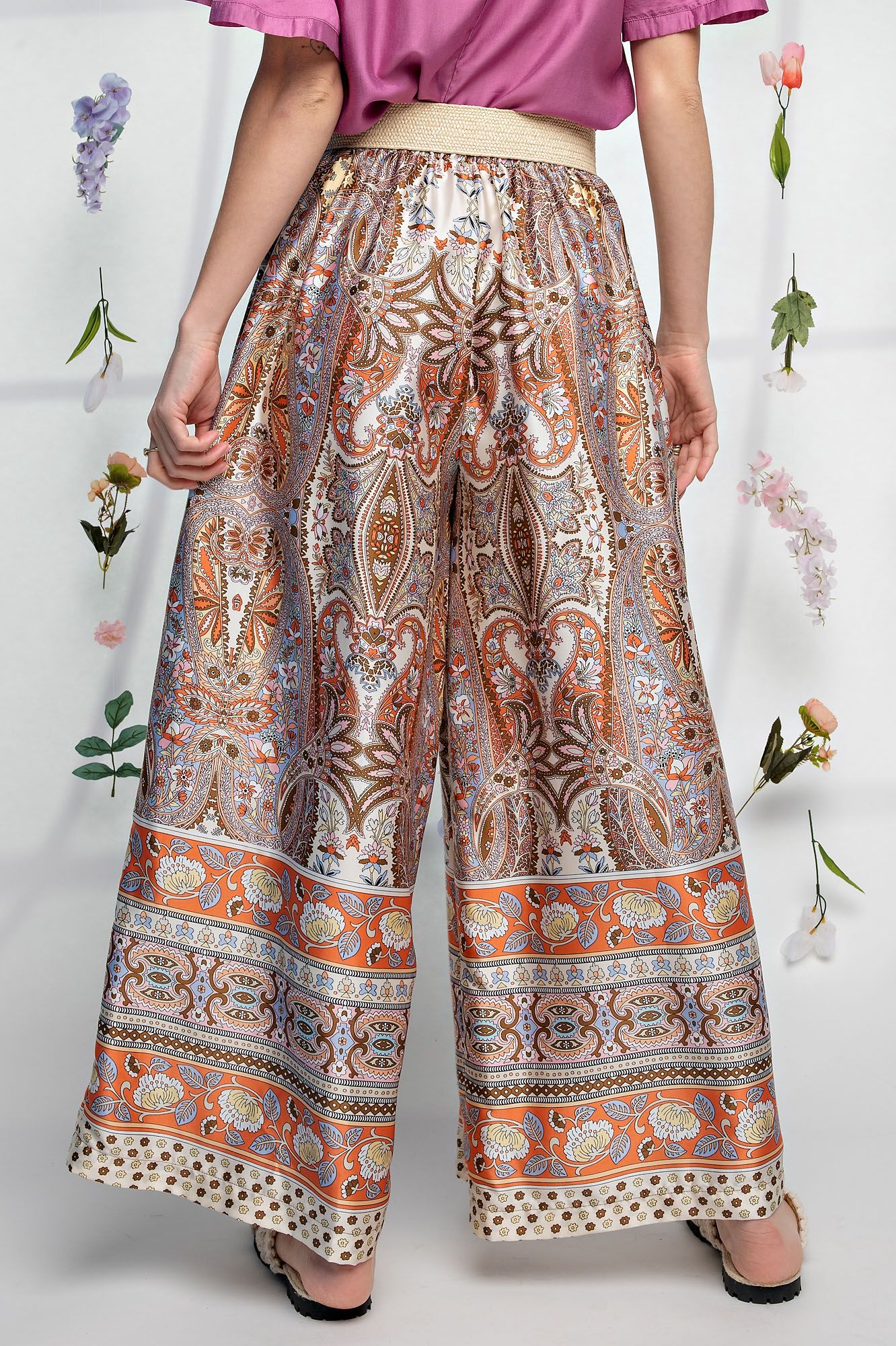 Easel Plus Satin Printed Wide Leg Pleated Pants