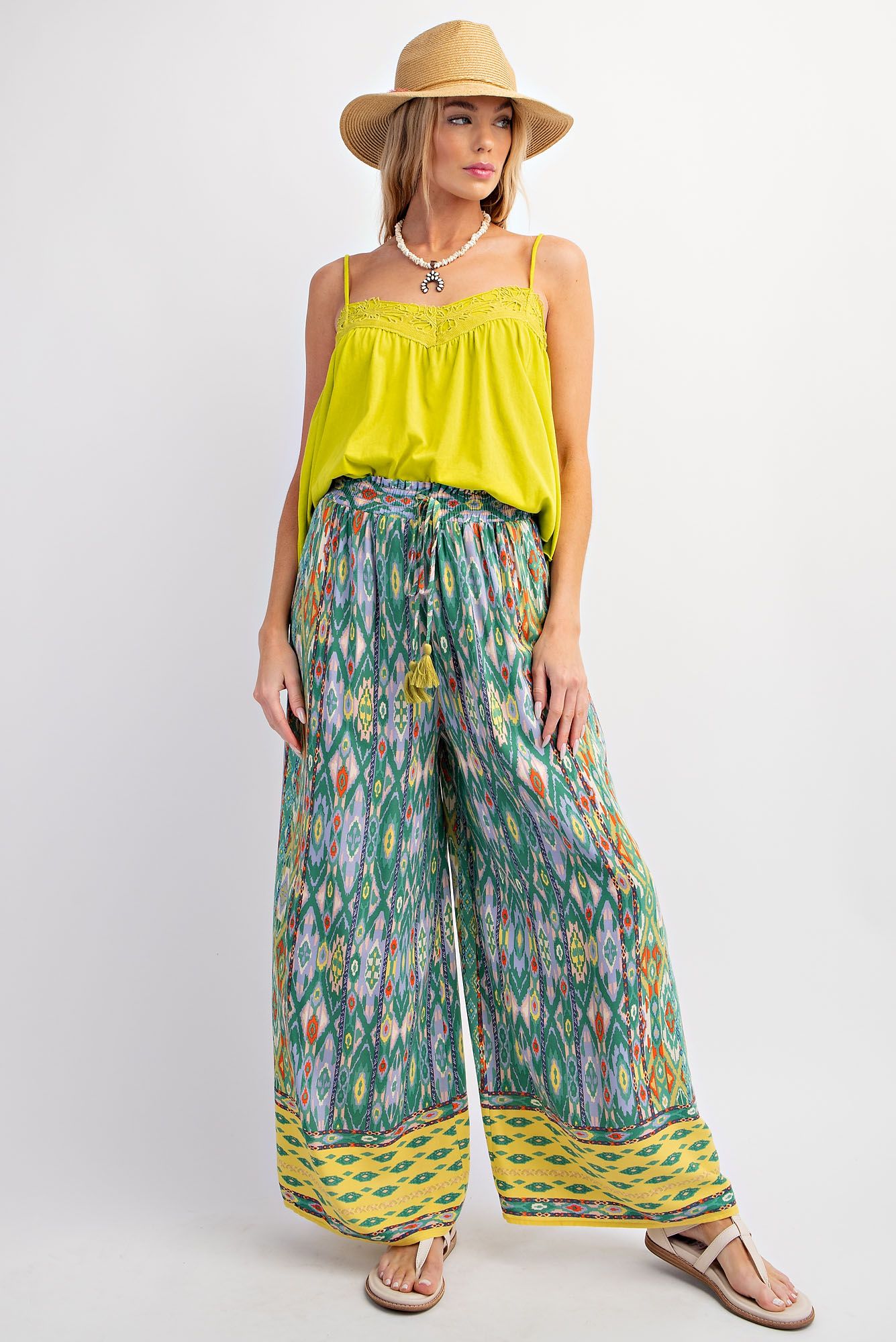 Easel Plus Ethnic Border Print Rayon Challis Wide Leg Pants