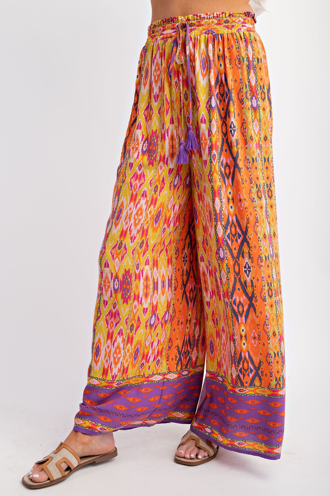 Easel Plus Ethnic Border Print Rayon Challis Wide Leg Pants