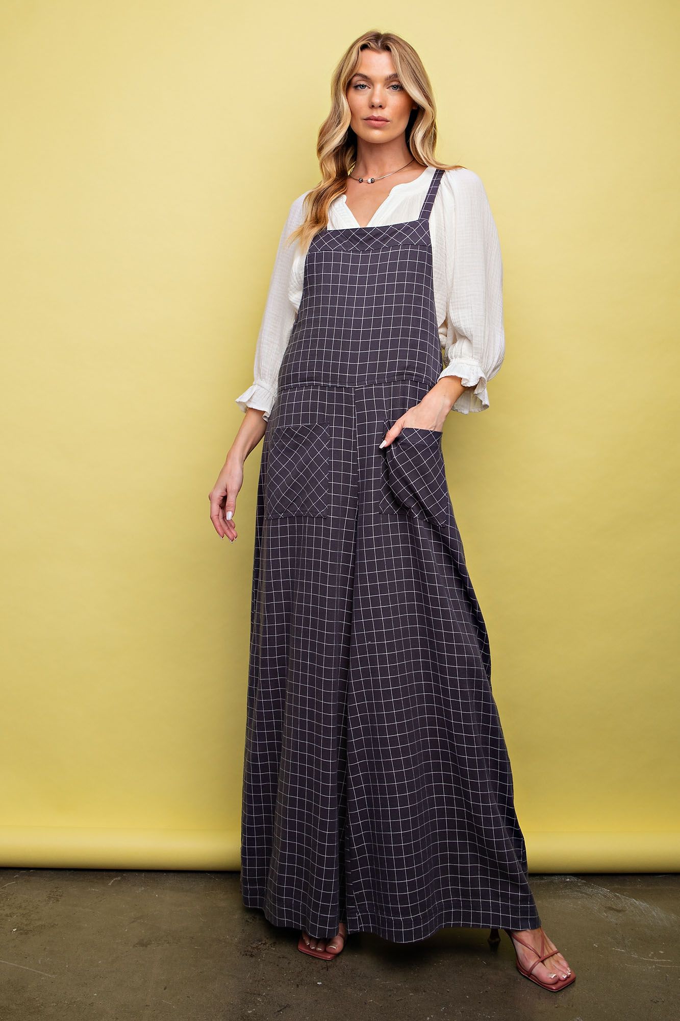 Easel Plus Checkboard Print Soft Washed Twill Jumpsuit Pants