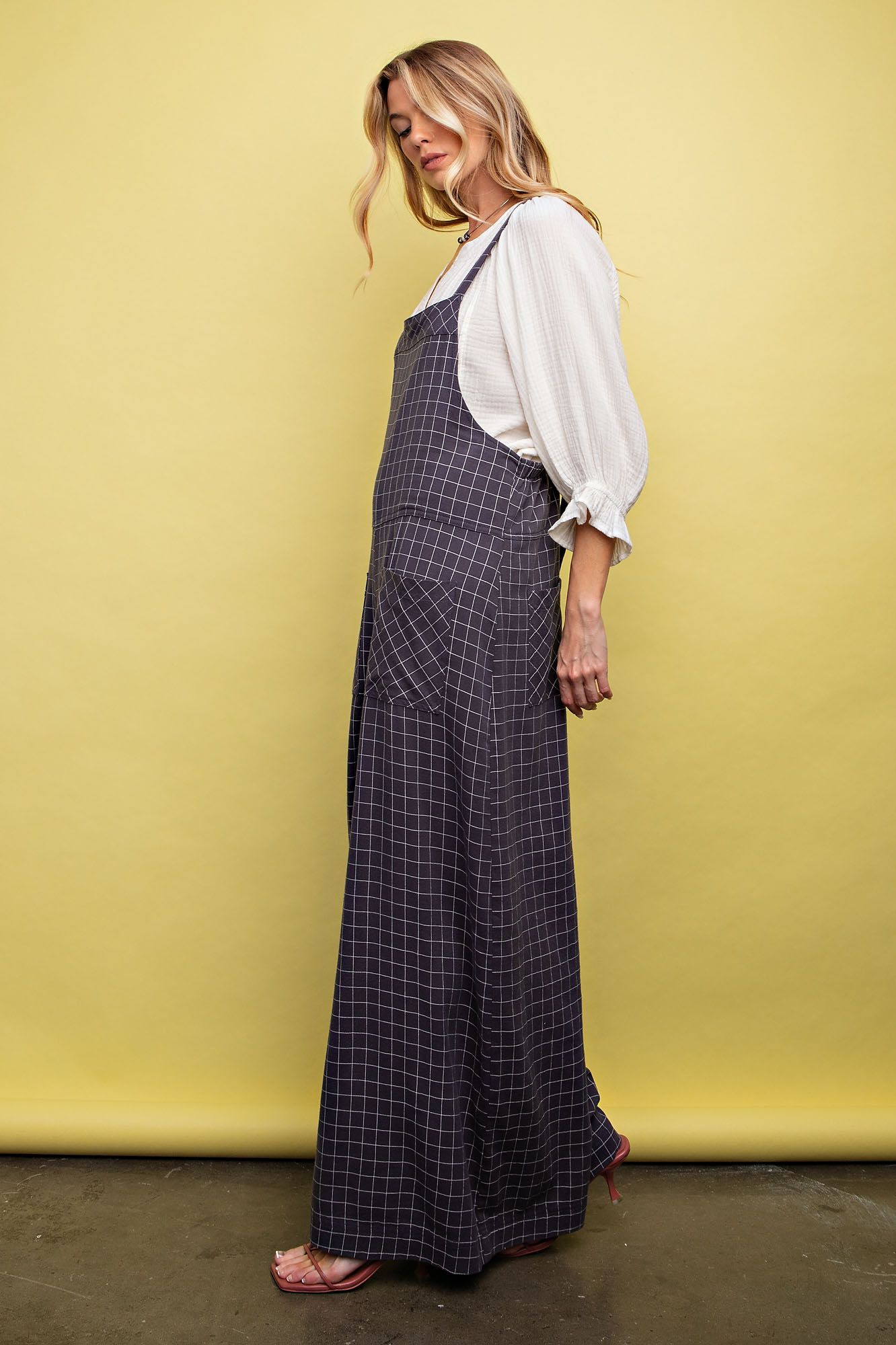 Easel Plus Checkboard Print Soft Washed Twill Jumpsuit Pants