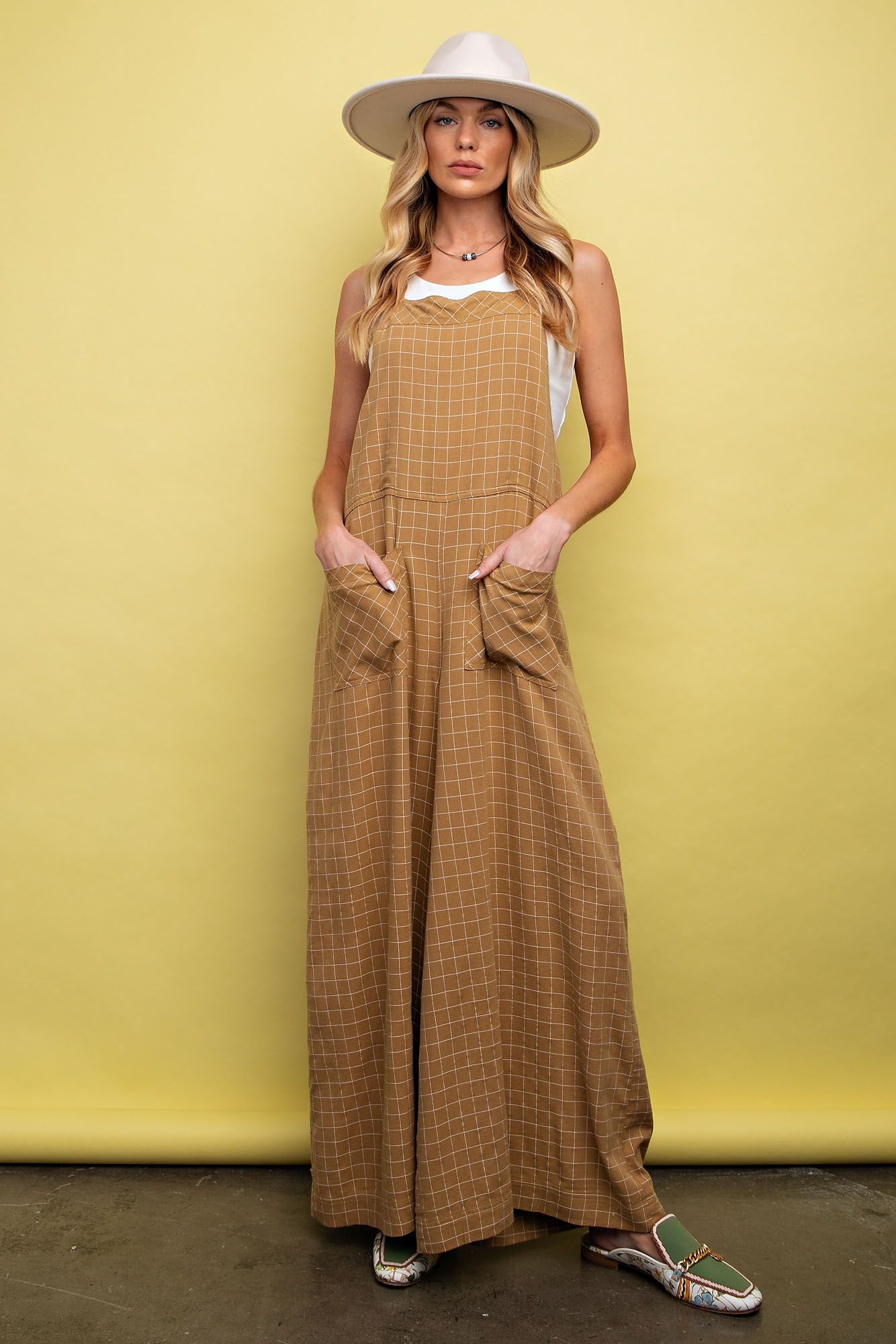 Easel Plus Checkboard Print Soft Washed Twill Jumpsuit Pants