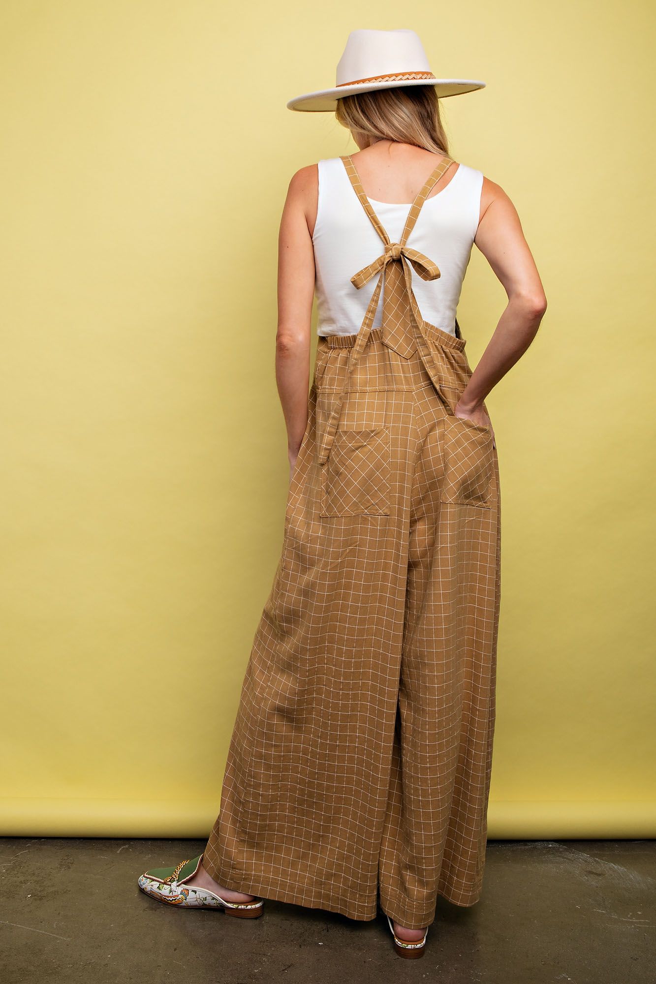 Easel Plus Checkboard Print Soft Washed Twill Jumpsuit Pants