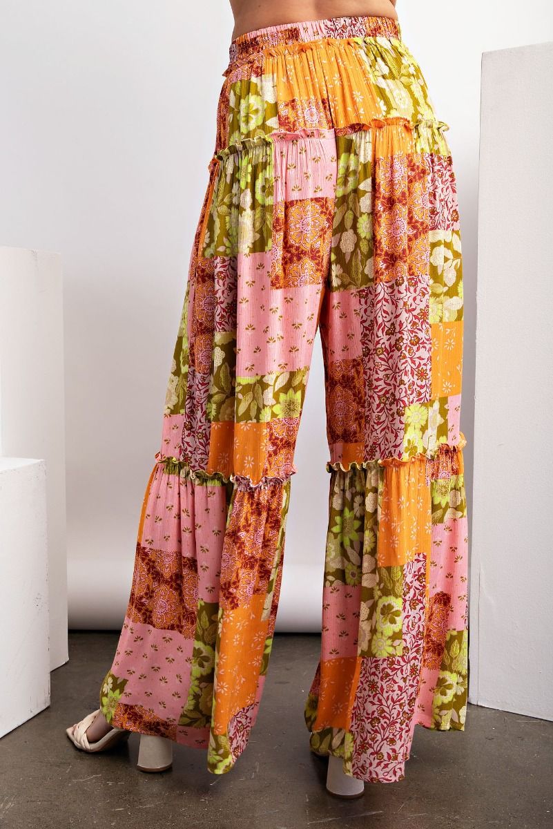 Easel Plus Patchwork Print Rayon Gauze Palazzo Pants