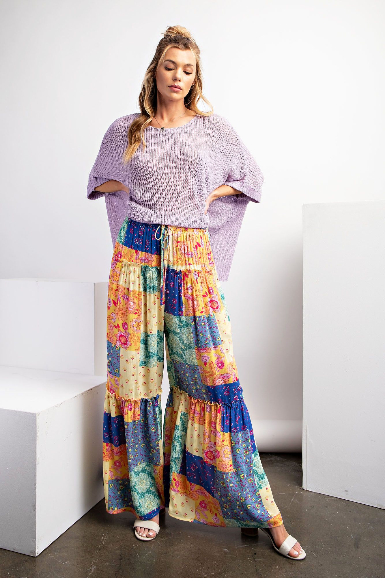 Easel Plus Patchwork Print Rayon Gauze Palazzo Pants