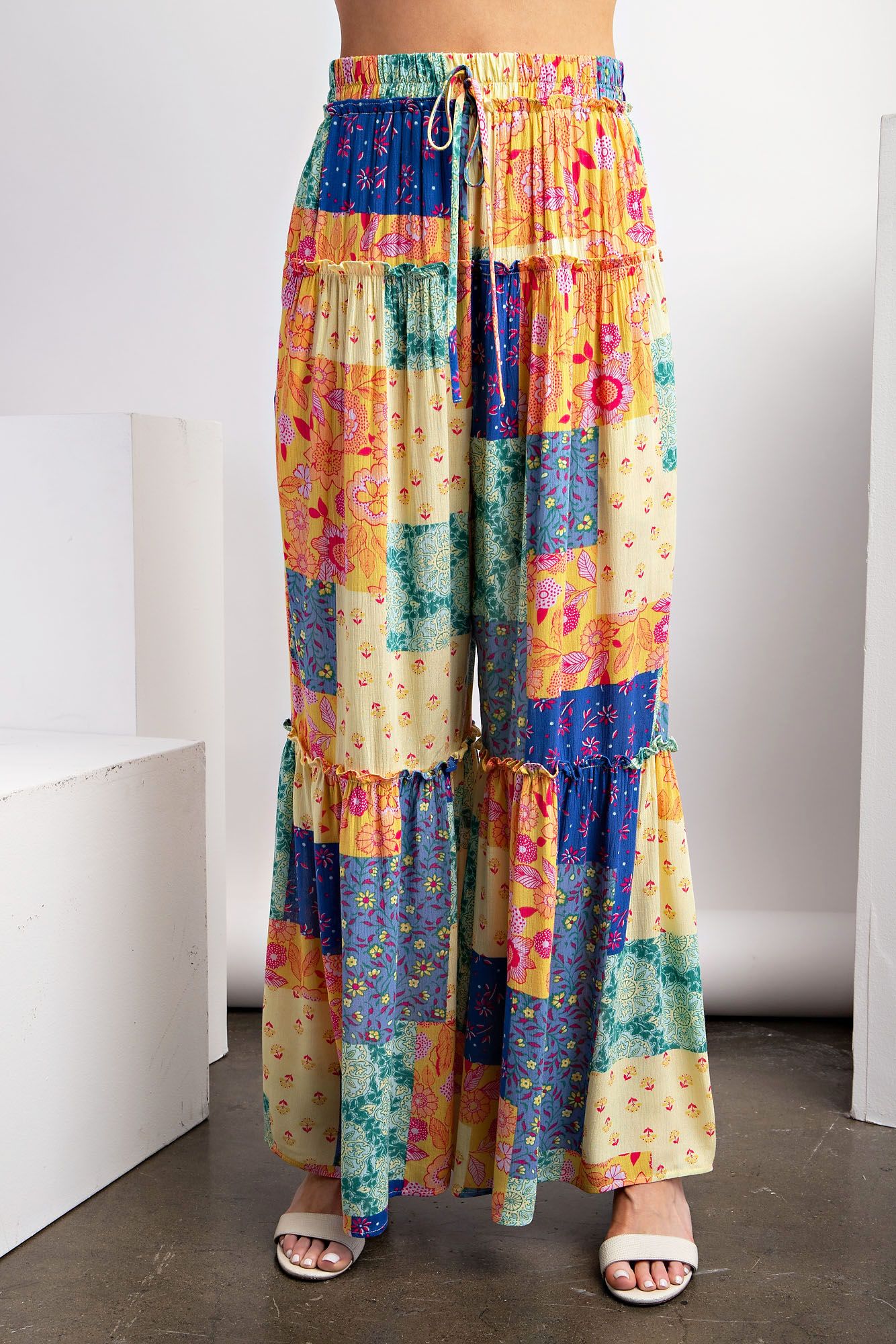 Easel Plus Patchwork Print Rayon Gauze Palazzo Pants