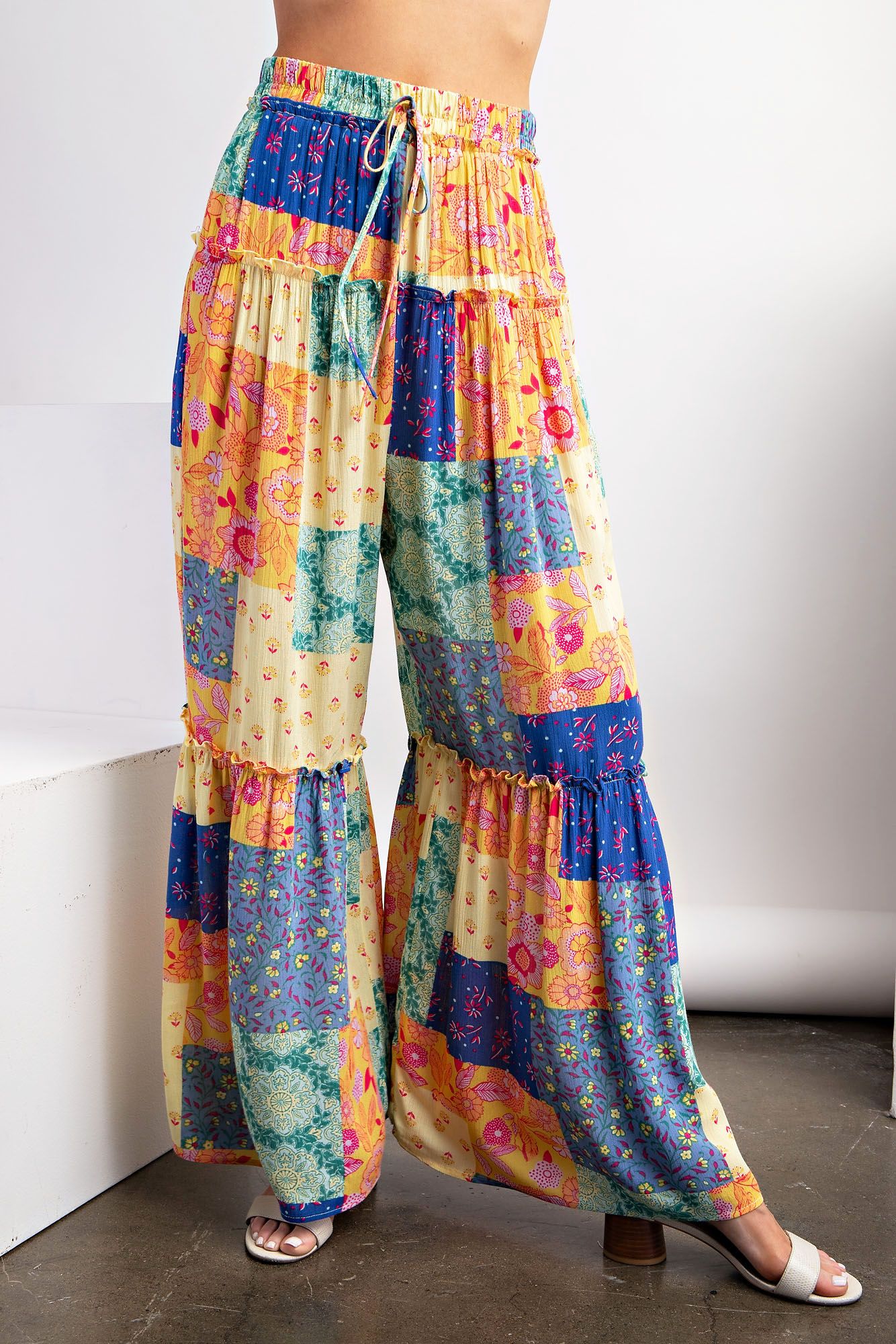 Easel Plus Patchwork Print Rayon Gauze Palazzo Pants
