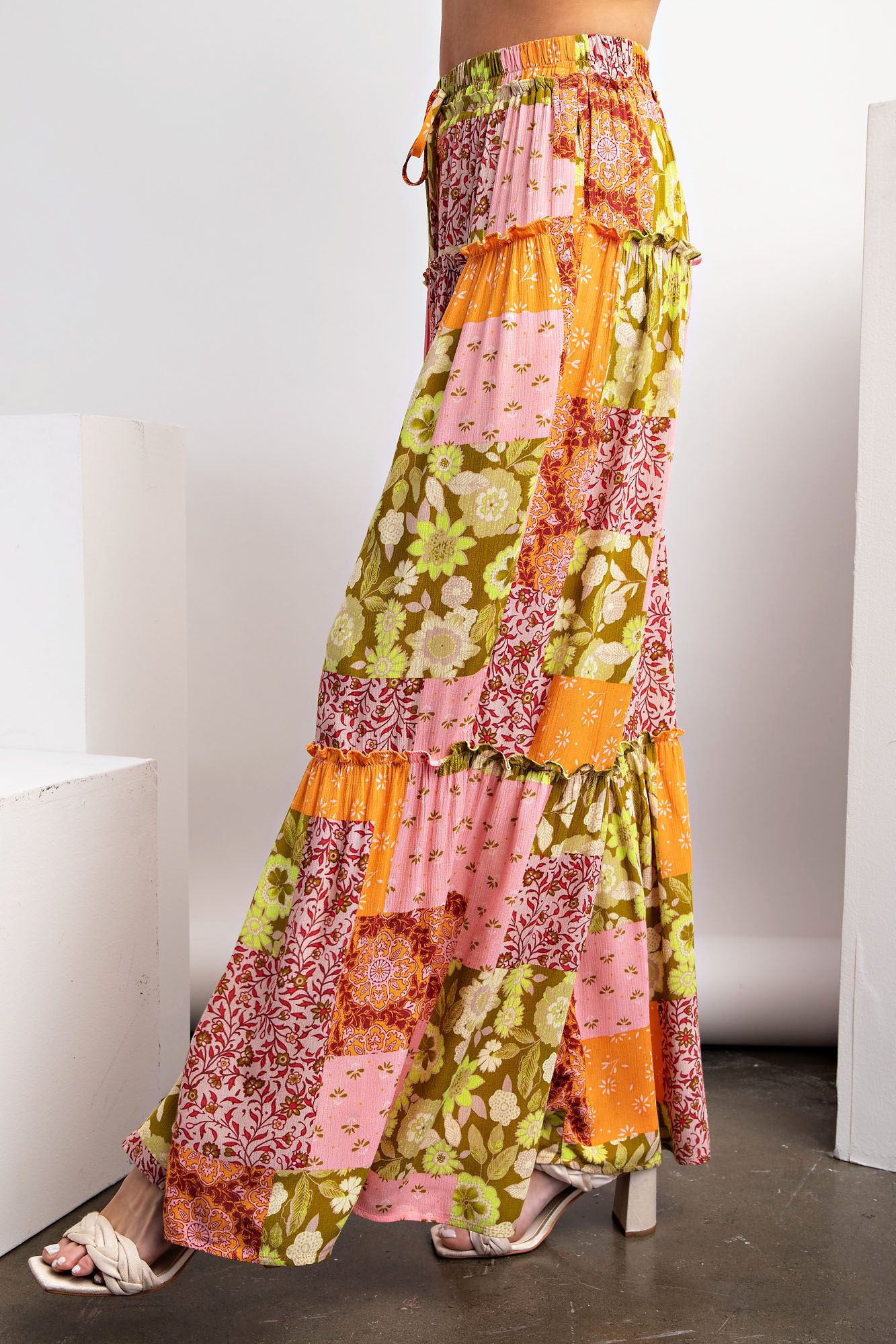 Easel Plus Patchwork Print Rayon Gauze Palazzo Pants