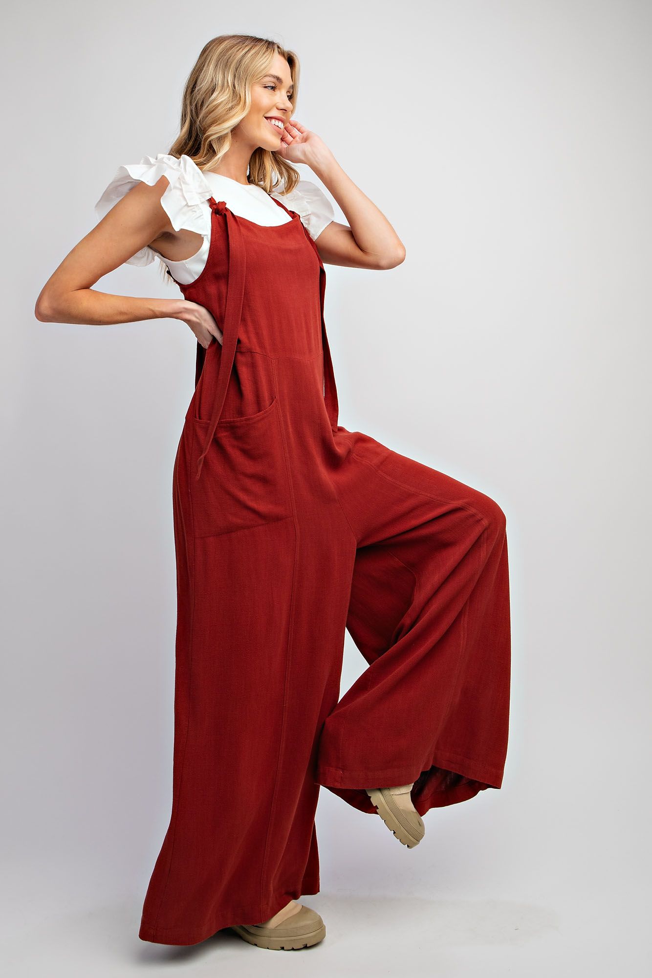 Easel Plus Poly Linen Wide Leg Jumpsuit Pants