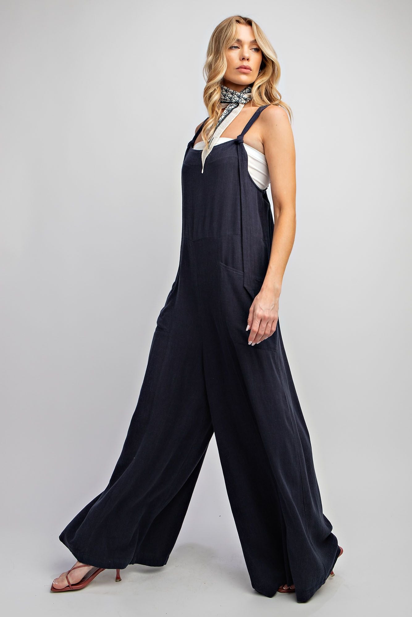 Easel Plus Poly Linen Wide Leg Jumpsuit Pants