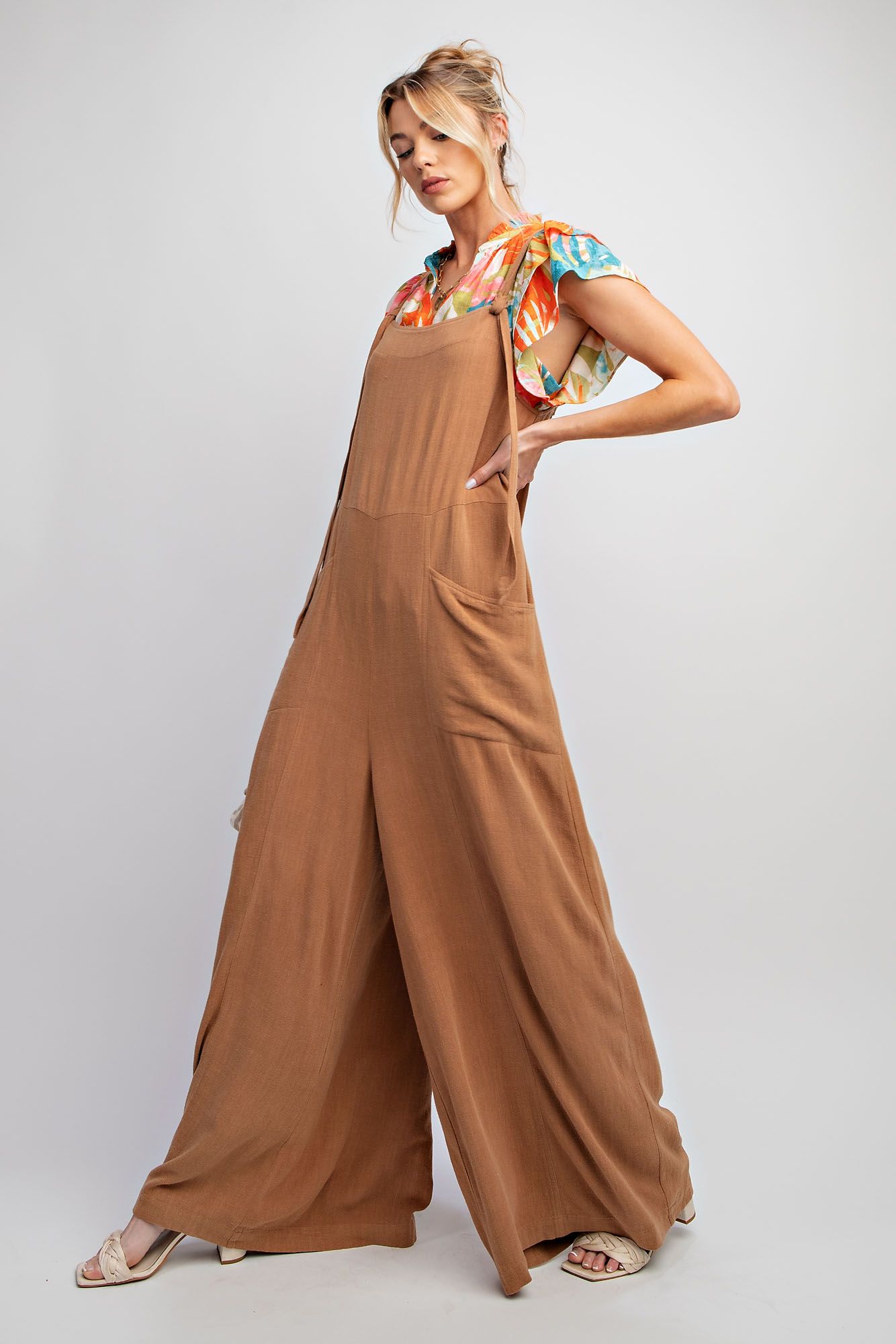 Easel Plus Poly Linen Wide Leg Jumpsuit Pants
