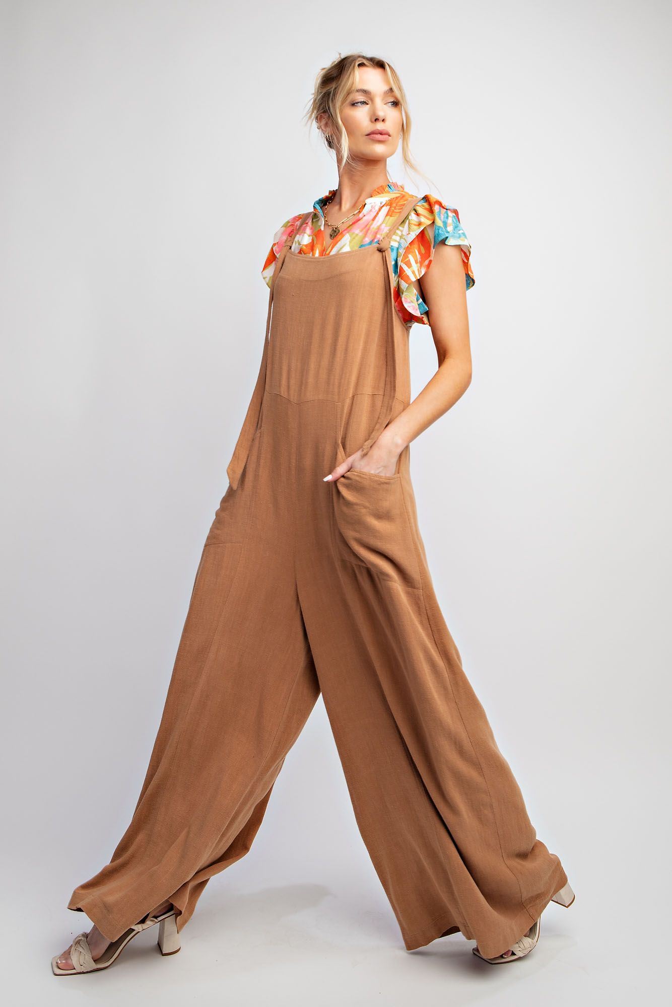 Easel Plus Poly Linen Wide Leg Jumpsuit Pants