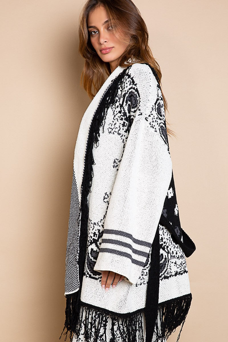 POL Fringe Paisley Shawl Collar Wrapped Cardigan Top