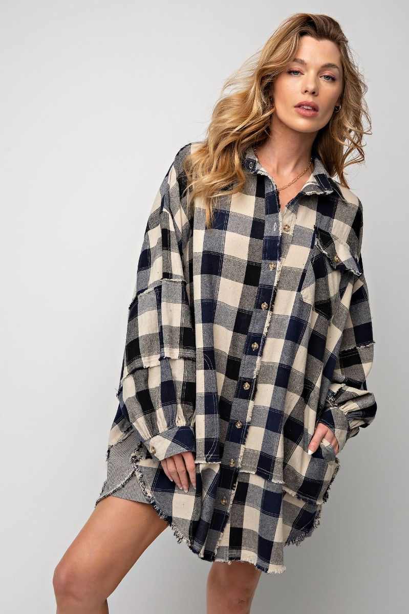 Easel Plus Plaid Print Oversized Shirt Dress Tops