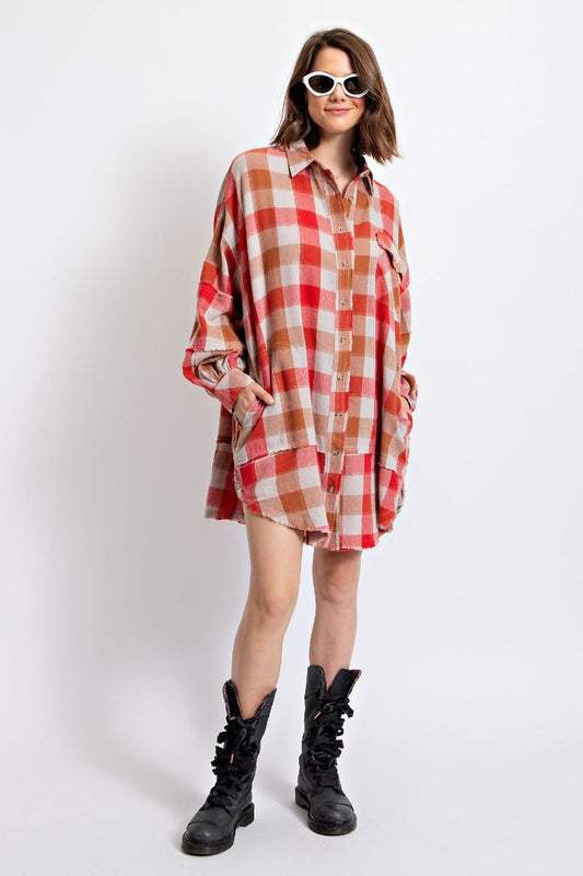 Easel Plus Plaid Print Oversized Bubble Sleeve Shirt Dress