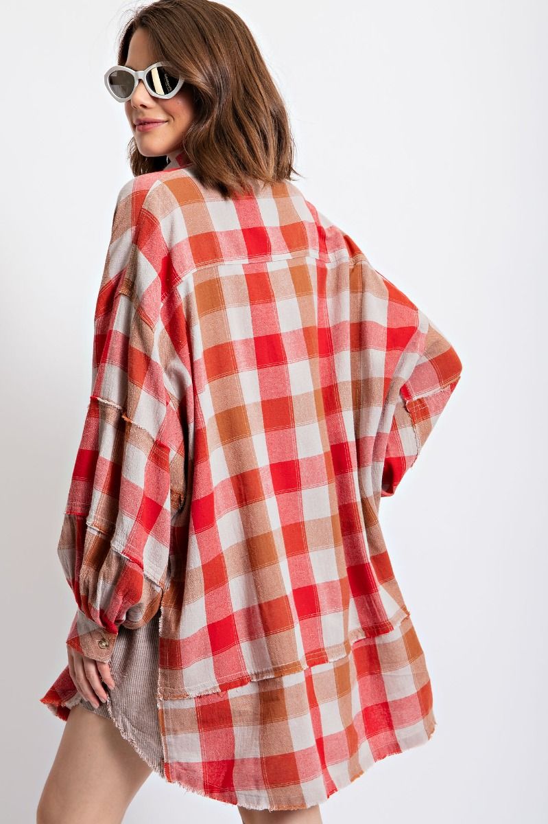 Easel Plus Plaid Print Oversized Shirt Dress Tops