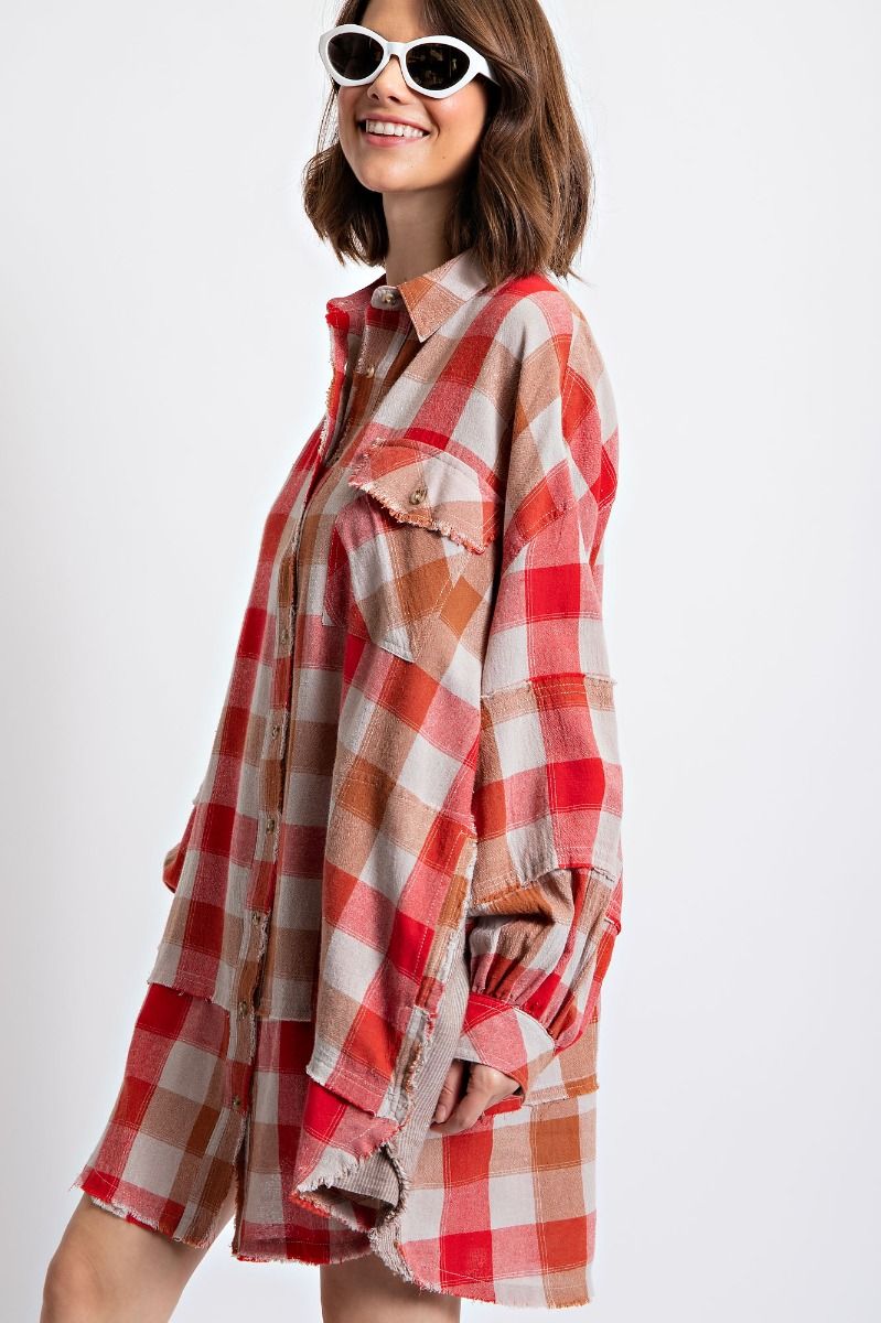 Easel Plus Plaid Print Oversized Shirt Dress Tops