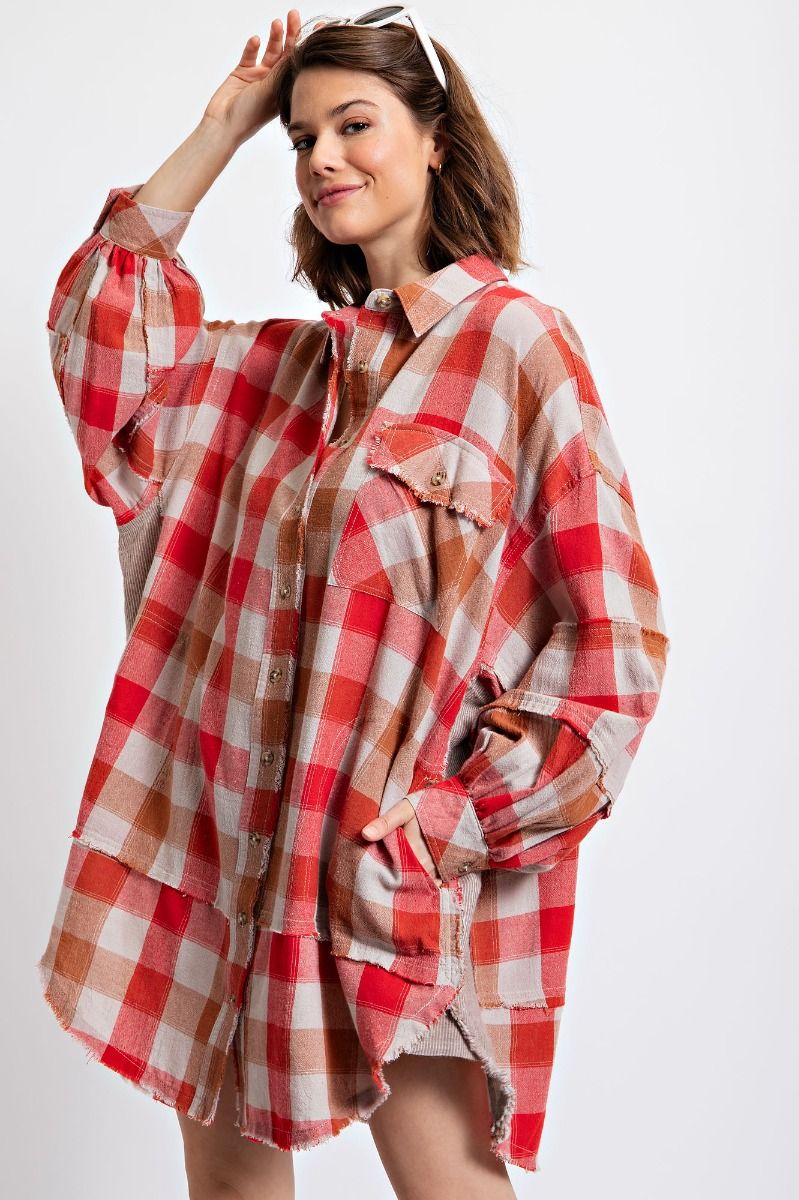 Easel Plus Plaid Print Oversized Shirt Dress Tops