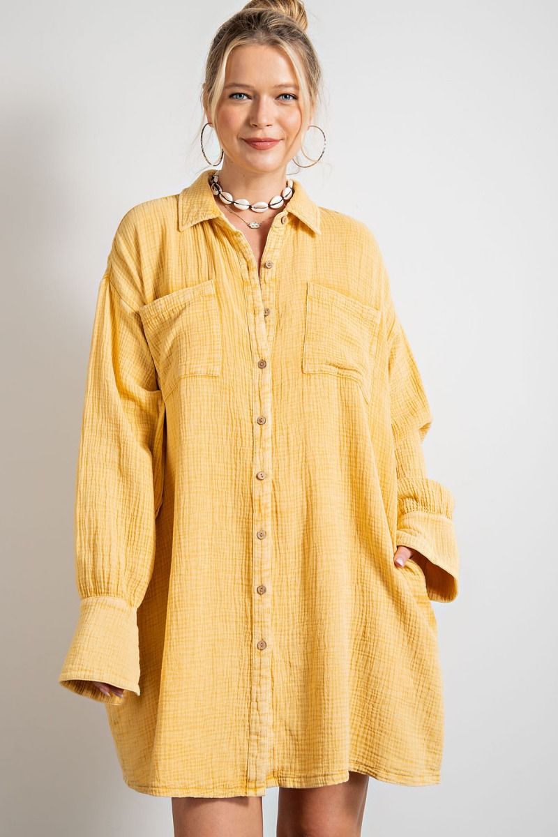 Easel Plus Cotton Gauze Mineral Washed Shirt Dress
