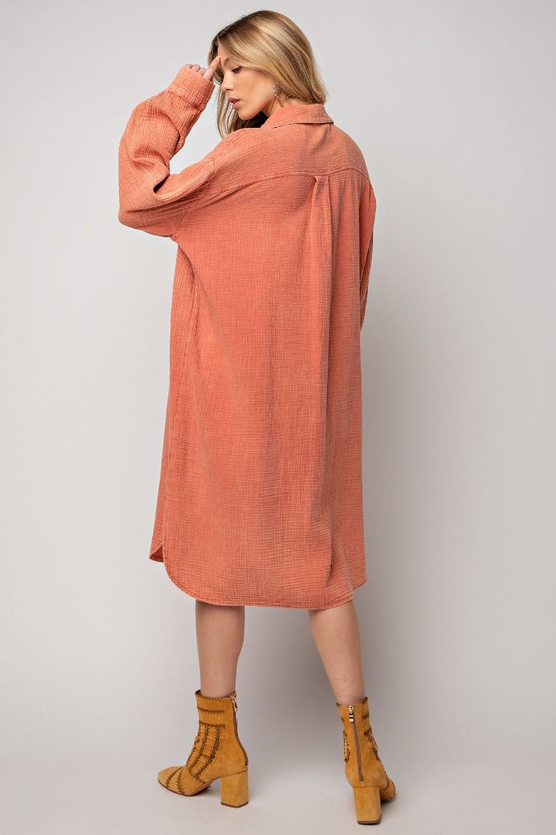Easel Plus Mineral Washed Cotton Gauze Shirt Dress
