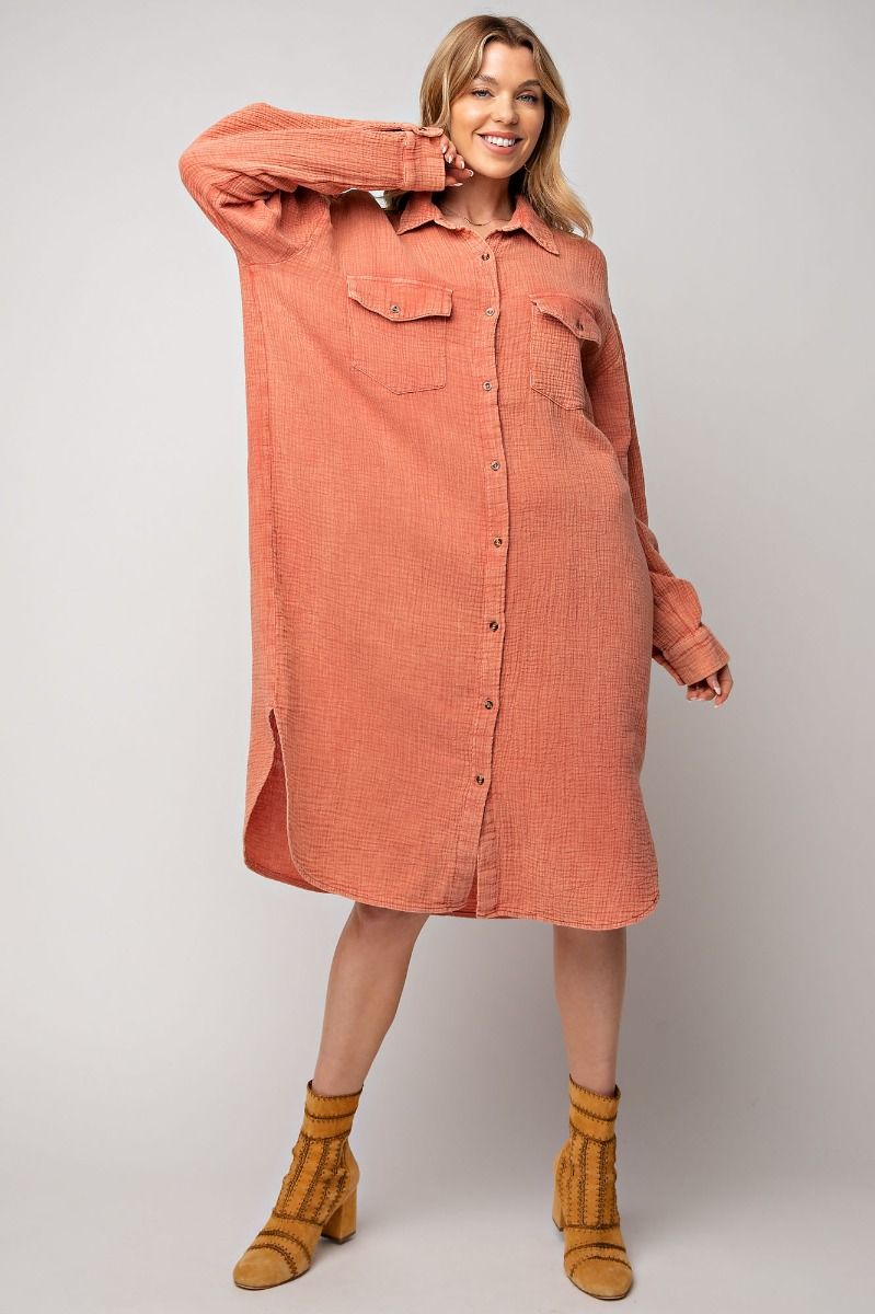 Easel Plus Mineral Washed Cotton Gauze Shirt Dress