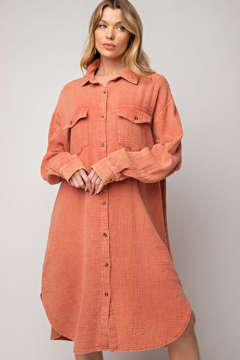 Easel Plus Mineral Washed Cotton Gauze Shirt Dress