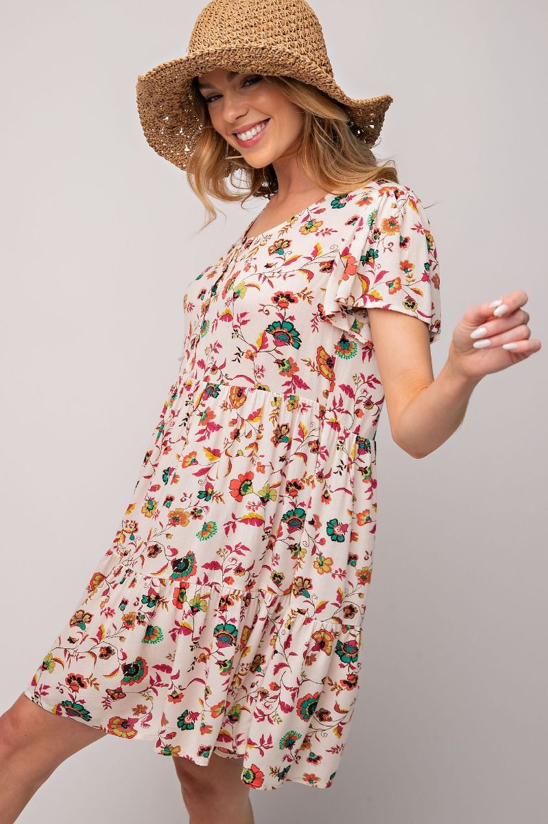 Easel Plus Printed Rayon Wing Sleeves Gauze Dress